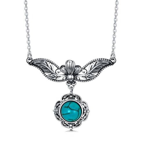 Vintage Genuine Turquoise Necklace 925 Sterling Silver 7mm Round Cut Green Turquoise Boho Retro Pendant Necklace with 18+2inch Chain for Anniversary Birthday Women Gifts
