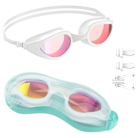 Tuocal Swimming Goggles, Anti Fog No Leaking UV Protection Waterproof Swimming Goggles with Soft Silicone Nose Bridge for Adult Women Men Junior Kids, White Cover