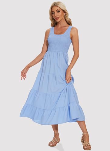Image of Women's Summer Smocked Maxi Dresses Sleeveless U Neck Ruffle Hem Tiered A Line Flowy Dress