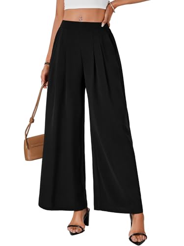Vrtige Women's Elastic High Waisted Long Palazzo Pants Wide Leg Loose Office Casual Trousers with Pockets