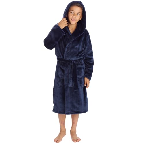 Metzuyan Boys Youth Kids Hooded Plush Fleece Solid Hooded Dressing Gown Navy 9-10 Years
