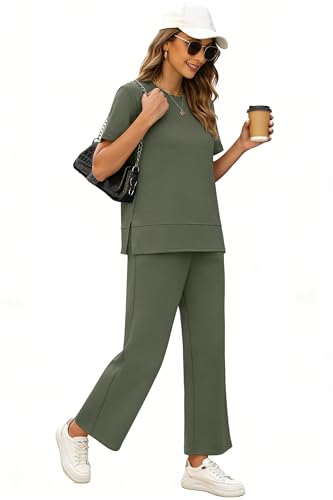 Image of XIEERDUO Women's Side Slit Lounge Sets 2026 Fashion 2 Piece Travel Outfits Cozy Loungewear Wide Leg Tracksuits S-3XL