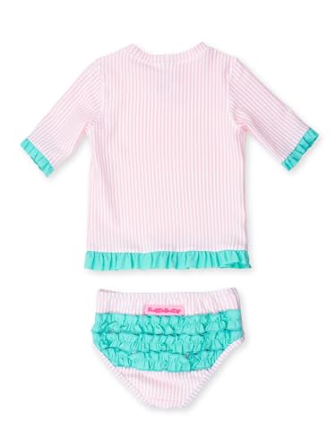 Image of RuffleButts Baby /Toddler Girls UPF50+ Sun Protection Seersucker Short Sleeve Ruffle Rash Guard Bikini - Pink, 7