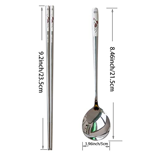 YAPULLYA Reusable Chopstick and Spoon Set, Korean Long Handle Stainless Steel Spoon and Chopsticks Set, Dishwasher Safe Metal Chop sticks, Set of 3. (Multi-patterned)