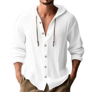 Men's Fashion Cotton Linen Shirt - Long/Short Sleeve Button Down, Lightweight for Summer Casual & Hawaiian Beach Hooded Tops.