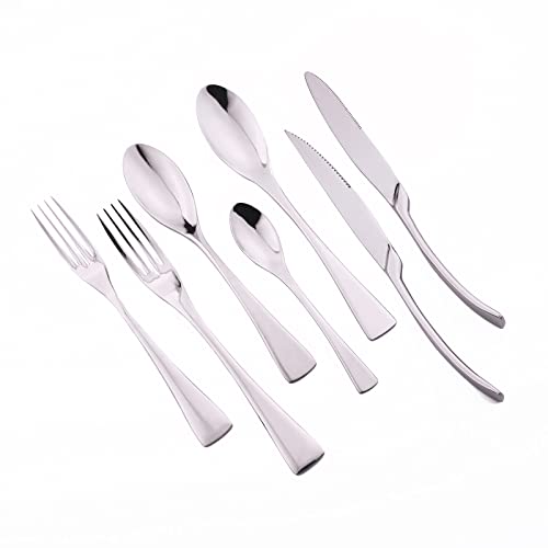 Uniturcky Mirror Polished Stainless Steel Flatware Silverware Set, 7 Piece One Set Include Silver Steak Knives Dinner Fork Spoon, Silver Tableware Cutlery Set for Home Restaurant Party