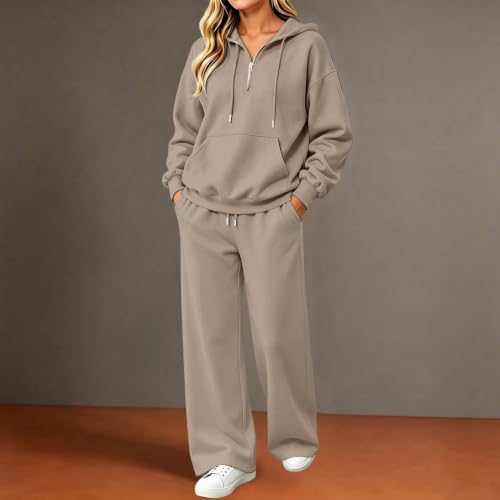 XINGJIAARTS Matching Sweat Sets For Women Gym Half Zip Hooded Lounge Set Loose Wide Leg Sweatpants Workout Travel Tracksuit Khaki Large - image 3