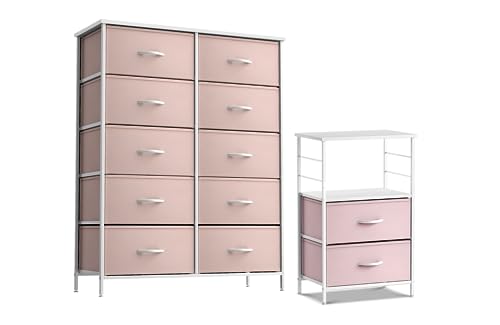 Sorbus Kids Dresser with 10 Drawers and 2 Drawer Nightstand Bundle Matching Furniture Set Storage Unit Organizer Chests for Clothing Bedroom Kids Rooms Nursery Closet Pink