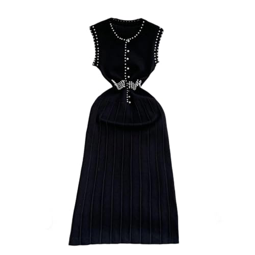 Women's Nail Bead Knitted Dress Round Neck Long Tweed Dress