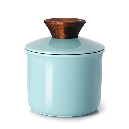 DOWAN Porcelain Butter Keeper Crock, French Butter Crock with Wood Knob Lid, Butter