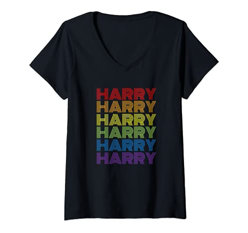 Photo de Femme Style rétro Harry Rainbow Name T-Shirt avec Col en V