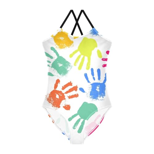 Girls One Piece Swimsuits Colorful Handprint Pattern Sport Halter Swimwear Beach Bathing Suit, 5-6T