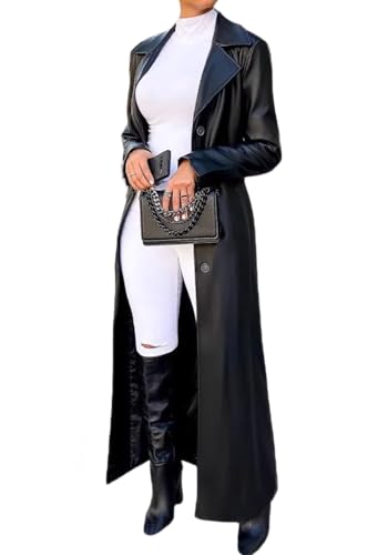 Tcremisa Womens Long Leather Jacket Long Sleeve Single Breasted Faux Leather Trench Coat Mid Length Motorcycle Coats