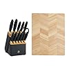 Drew Barrymore 14-Piece Black & Gold Knife Block Set, 11x14 in Herringbone Wood Cutting Board