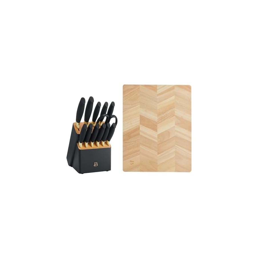 Drew Barrymore 14-Piece Black & Gold Knife Block Set, 11x14 in Herringbone Wood Cutting Board