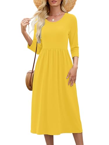 Heymoments Women's Dresses Yellow XX-Large Wedding Guest A line Crewneck 3/4 Sleeves Casual Flowy Swing Cocktail Slimming Birthday Party Spring Fall Winter Travel Long Midi Dresses