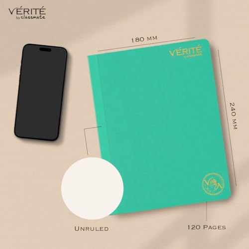 Image of Lay Flat Binding Notebook - Verite by Classmate Ideal for School Students, Persian Green Color, Size (in cm) 24 X 18, Unruled, Thick Premium 120 Pages with Low Ink Bleed for Smooth Writing Experience
