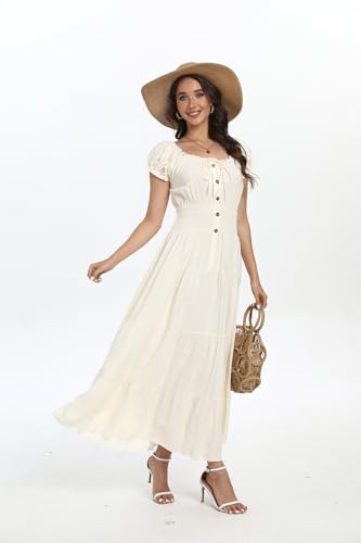 Image of Women's Boho Floral Maxi Dress, Short Sleeve Smocked Tiered Summer Casual Beach Dress