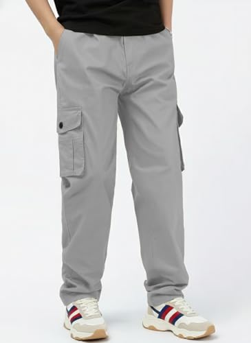 Image of Men's Cotton Cargo Pant | 5 Pocket Style Drawstring Elastic Waist Relaxed Fit Straight Leg, Breathable Durable Work Hiking Casual Trousers in Grey Silver Beige Black Sizes 30 to 42