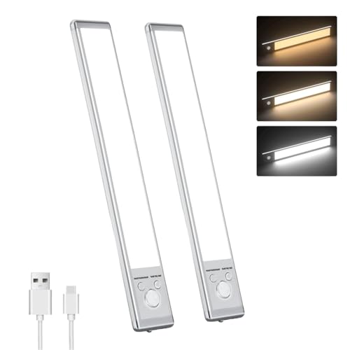 Sanofuturion Motion Sensor Under Cabinet Lighting-Magnetic Rechargeable Closet Lights for Kitchen,Stairs,Wardrobe | 3-Color Dimmable LED Under Counter Lighting | Cord-Free Light Bars (12inch-2Pack)