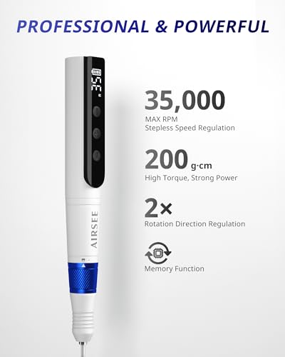 AIRSEE Master Cordless Electric Nail Drill Machine, 35000 RPM Stepless Speed, Professional Rechargeable Nail File Set with LED Display, Portable E-File Dremel Kit for Salon,Blue