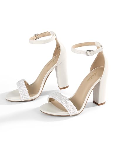 Image of Ankis White Heels Wedding Shoes for Bride Women Chunky Heels Pearl High Heels Heeled Sandals 4 Inch