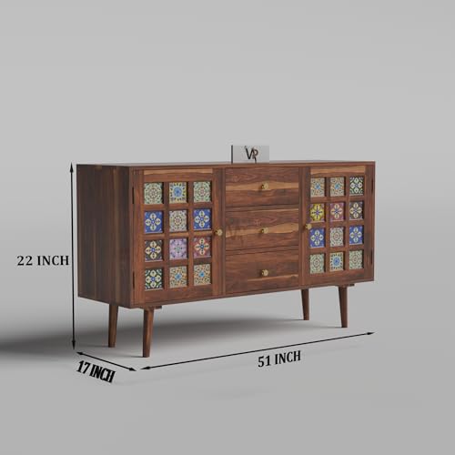 Image of VAP Solid Sheesham Wood Sideboard Cabinet with Glass Doors & 3 Drawers | Wooden Crockery & Buffet Cabinet For Living Room, Dining Room & Kitchen | Modern Crockery Cabinet | Honey Finish