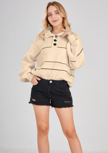 Image of chouyatou Women's Slouchy Waffle Knit Sweater 1 /2 Button Polo Collared Pullover Striped Sweater Tops