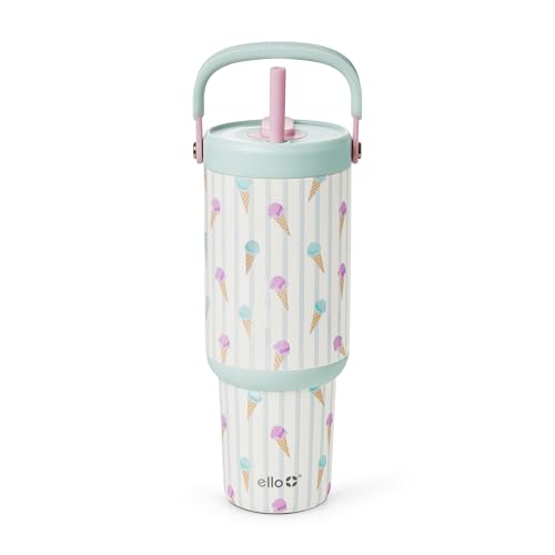 Image of Ello Oasis Go+ 32oz Tumbler with Top Handle and Retracting Straw | Reusable Insulated Stainless Steel Cup, 100% Leakproof Water Bottle, 24 Hours Cold, Cup Holder Friendly For Travel | Ice Cream Parlor