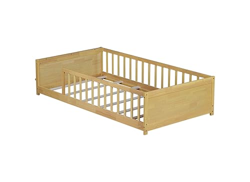 Image of Bellemave Twin Size Kids Montessori Floor Bed,Twin Floor Bed Frame with Slats and Bookcase,Solid Wood Montessori Bed for Girls Boys,Natural