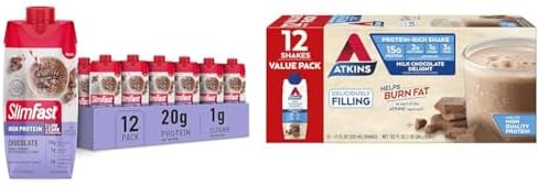 SlimFast Protein Shake & Atkins Milk Chocolate Delight Protein Shake, 15g Protein, Low Glycemic, 2g Net Carb, 1g Sugar, Keto Friendly, 12 Count