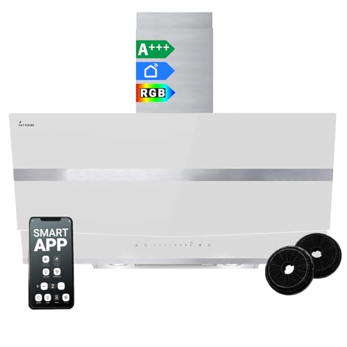 Hotte aspirante cuisine 90 cm | Hotte Murale Inclinées | acier inoxydable | verre blanc | WiFi | arrête automatiquement | éclairage LED RVB | Opération...