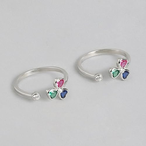 925 Sterling Silver Multicolour CZ Floral Lucky Clover Adjustable Toe Ring