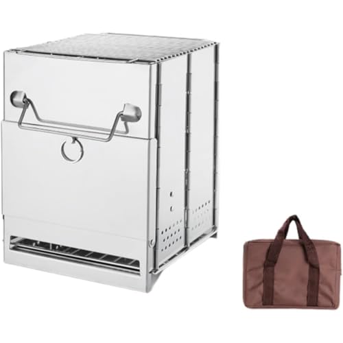 INECAR薪ストーブ、コンロ、キャンプファイヤーテーブル、ステンレススチールグリル、折りたたみ式木炭ストーブ、ハンドル付きバーベキューグリル、バーベキューネットと収納バッグ、屋外バーベキューキャンプピクニックシルバー/L210×200×270 mm (L