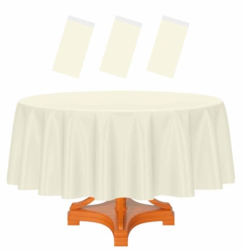 HEIPINIUYE 3 Pack Beige Round Tablecloth 84 Inch Round Plastic Table Cloth Waterproof Disposable Round Table Cover for Party Birthday Camping Picnic Baby Shower Circle Tablecloth