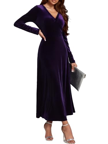 UUXQOYGR Long Sleeve Velvet Wedding Guest Dresses Formal Maxi Dress for Women Purple