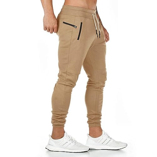 Aotorr Men's Slim Fit Joggers Casual Slim Sweatpants Workout Running Track Pants With Zipper Pockets Khaki L #TOP20
