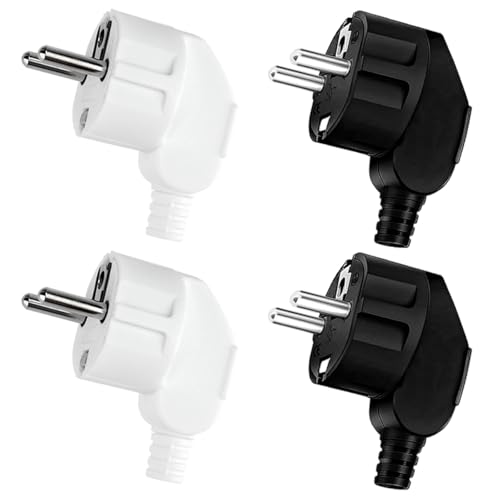 Powice 4 Stück Schuko Stecker,Stecker,Schuko Stecker Wasserdicht,Schukostecker,Spritzwassergeschützter Stecker 230V mit Zugentlastung, (Schwarz+Weiß)