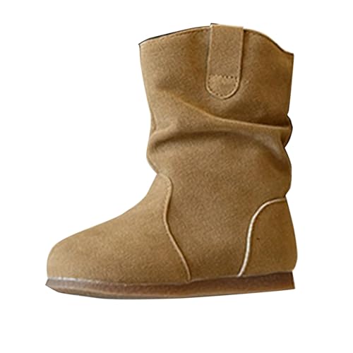 Mid Calf Boots for Girls 𝗦louchy Ruched Suede Round Toe Slip On Flat Booties Fashion Casual Fall Winter Shoes