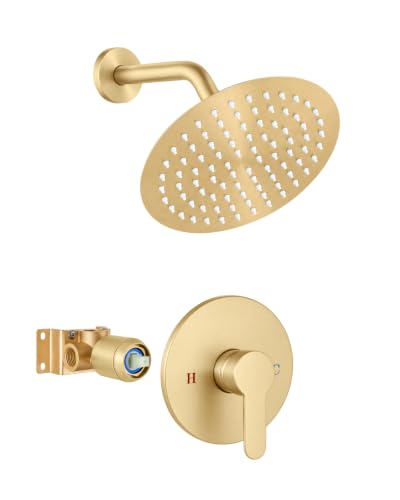 Heyalan 8-Inch Round Rain Shower Faucet Set with Valve,Brushed Gold