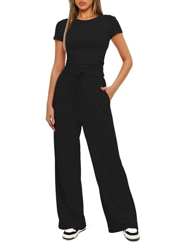 Darong Women's 2 Piece Outfits Lounge Sets Ruched Short Sleeve Tops High Waisted Wide Leg Pants Tracksuit Sets - Image 4