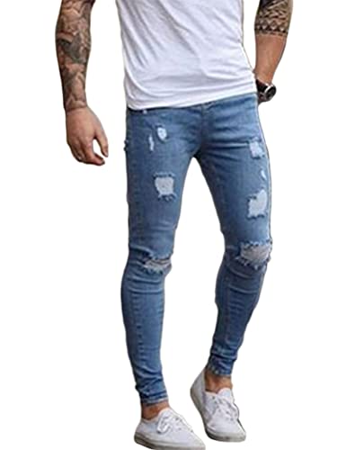 Oanviso Vaqueros Rasgados de Hombre Skinny Denim Jeans Vintage Pantalone con Cremallera Moda Casuales Elasticos Agujero Pantalón Largo Vaqueros Ajustados J Azul Claro L