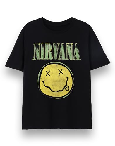 Nirvana Camiseta para Hombre | Camiseta gráfica de Manga Corta para Adultos en Negro | Camiseta clásica con Estampado Logotipo de Banda Verde desgastada y Cara Sonriente Regalo de mercancía de Banda