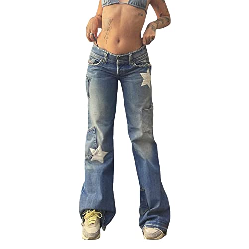Women Baggy Jeans Casual Denim Y2K Star Print Teen Girls Pants Street Big Pockets Fall Spring Trousers
