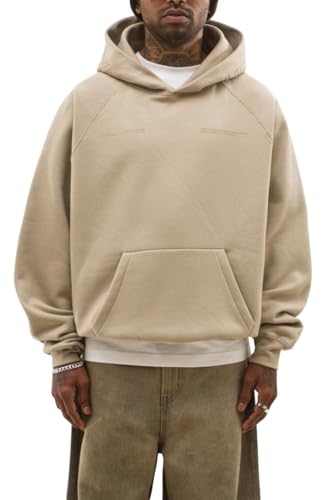 Image of URBAN MONKEY Core Hoodie Dusty Beige 100% Polycotton Brushed Fleece Vintage Wash Long Sleeves Front Pocket Ribbed Cuffs & Hem Print On The Chest, Hood & Back Oversized Fit Unisex Sweatshirt