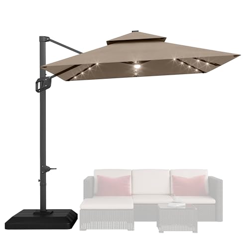10' x 10' Heavy Duty Cantilever Patio Umbrella with Solar LED Lights & Weighted Base, 2-Tier Square Aluminum Offset Outdoor Umbrella with 360-Degree Rotation for Backyard, Deck, Pool, Tan