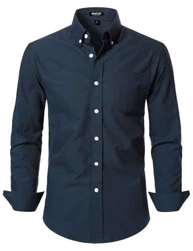 JEMITOP Men's Classic Lightweight Oxford Button Down Collar Shirts Business Casual Slim Fit Long Sleeve Dress Shirt with Pocket Navy Blue L