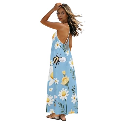 Robe d'été pour femme dos nu à bretelles imprimé marguerites chic