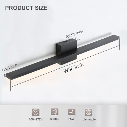Image of Bathroom Light Fixtures Over Mirror, 36 Inch Black Bathroom Vanity Light, LED Modern Wall Sconce 3000K Bar Vanity Lights for Restroom
