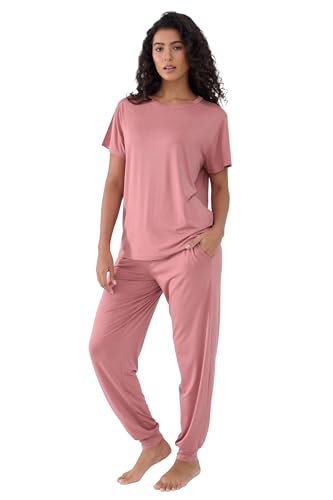 Image of Joyaria Women's Bamboo Viscose Cooling Pajamas Short Sleeve Crewneck Top & Jogger Pajama Pants with Pocket S-XXL